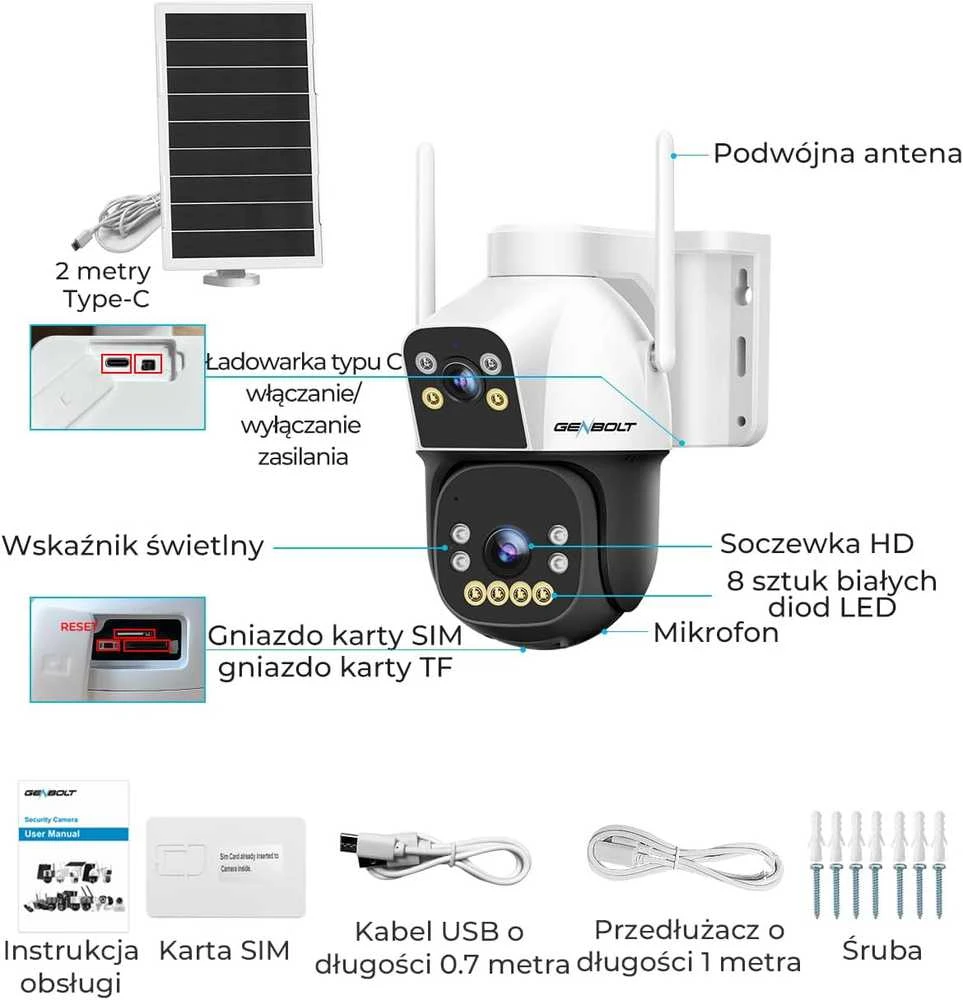 GENBOLT išorinė saulės IP kamera 4G, 8 W, 15600 mAh, 3MP+3MP, automatinis sekimas, AI, IP66, GB217 K-4G