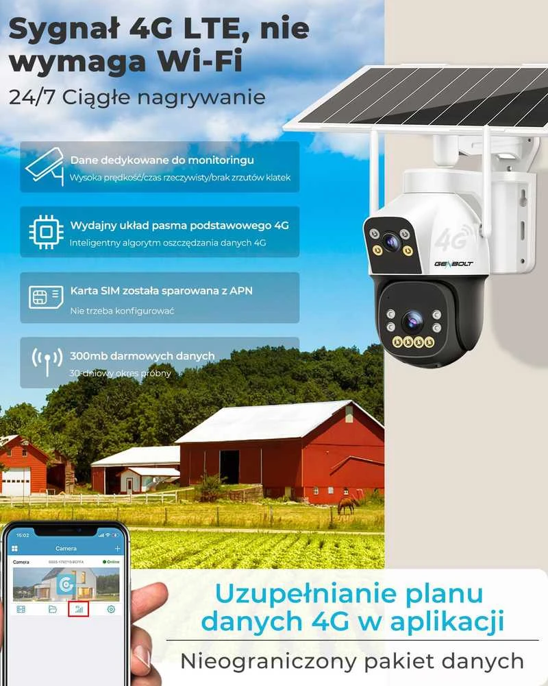 GENBOLT išorinė saulės IP kamera 4G, 8 W, 15600 mAh, 3MP+3MP, automatinis sekimas, AI, IP66, GB217 K-4G