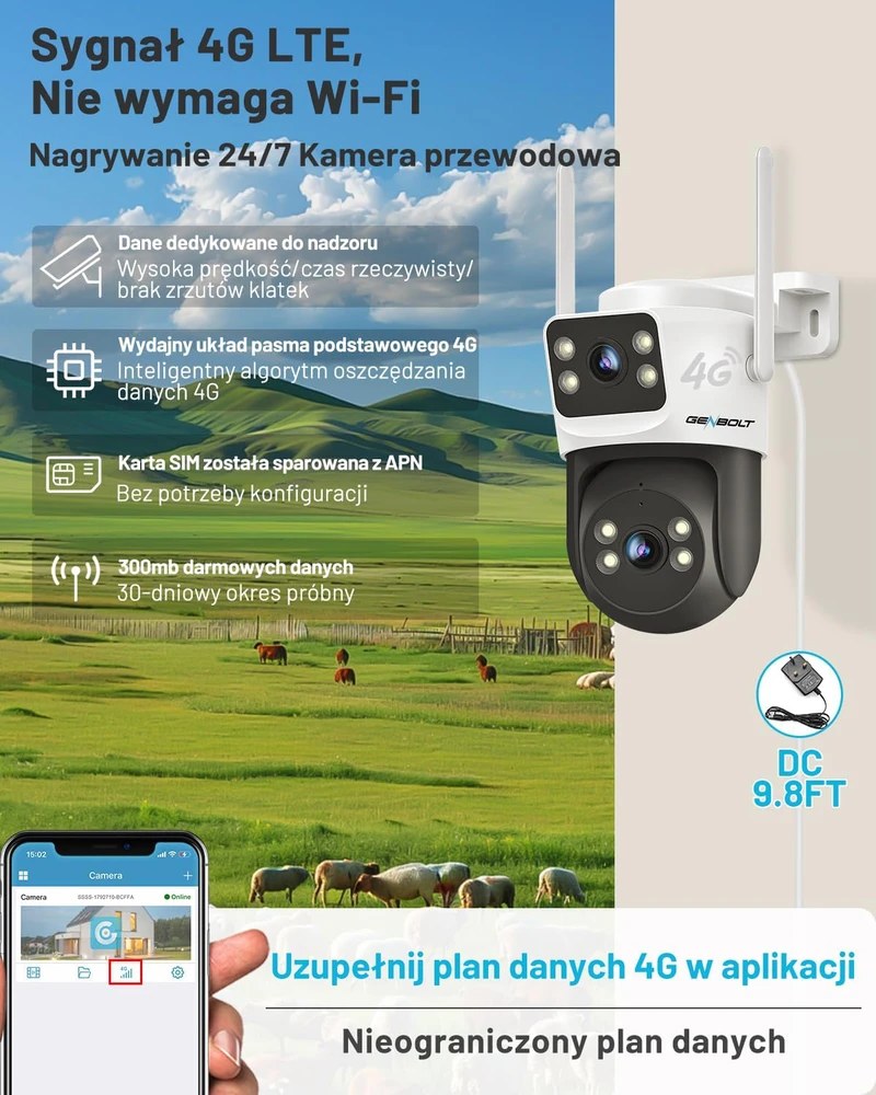 GENBOLT lauko 4G LTE vaizdo stebėjimo kamera su dvigubu objektyvu, PoE, IP66, GB201HN-4G