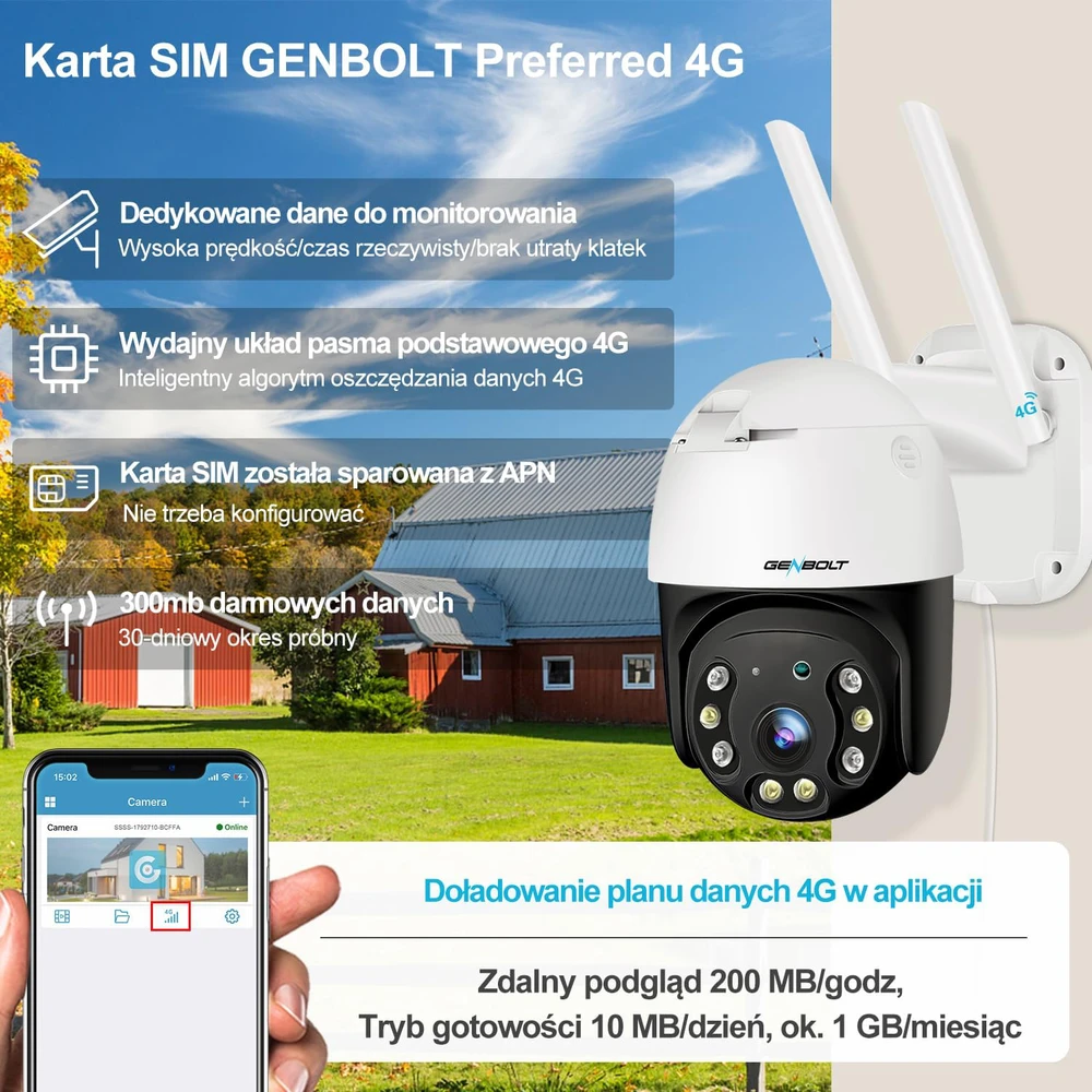 GENBOLT lauko IP kamera 2K 3G/4G LTE su sukiojama PTZ, naktiniu matymu, PoE, modelis GB213H-4G