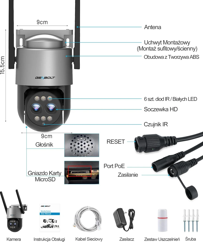 GENBOLT lauko PTZ IP stebėjimo kamera 4 MP 2.5K, 10x hibridinis priartinimas, Wi-Fi ir POE, naktinis spalvotas režimas, GB-202K