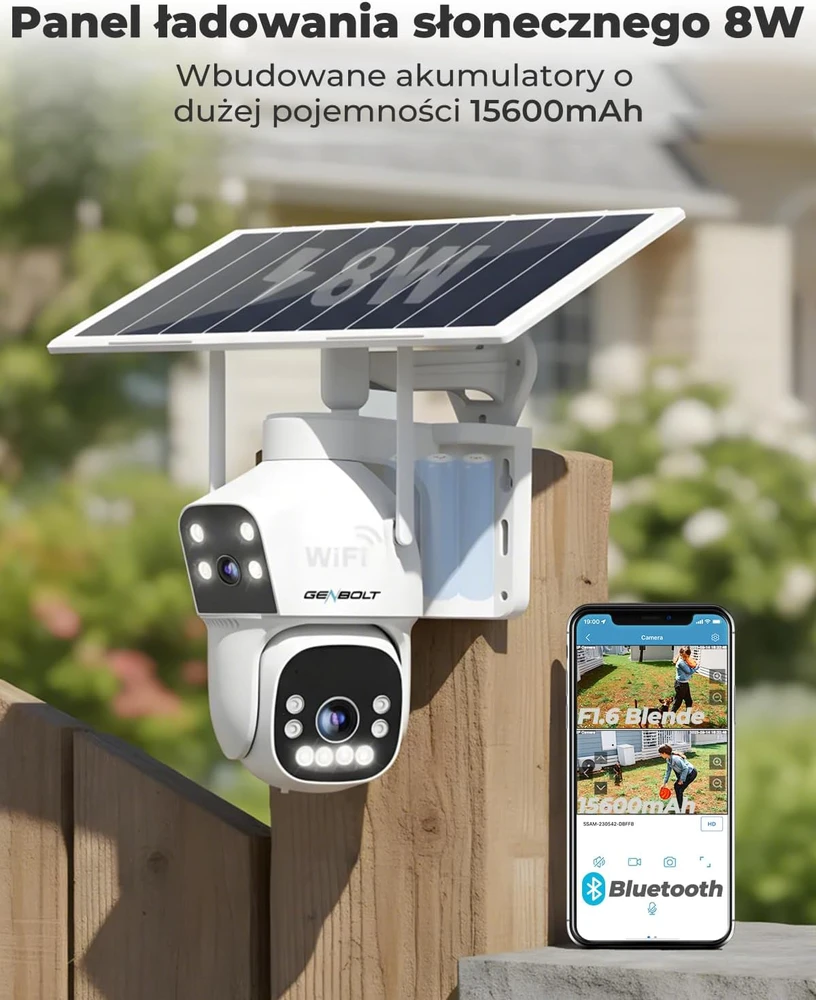 GENBOLT lauko Wi-Fi IP kamera su saulės įkrovimu, 2.5K 8 W 15600 mAh, AI judesio aptikimas, naktinis matymas