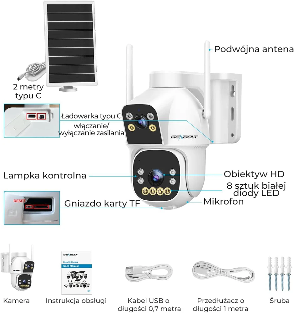 GENBOLT lauko Wi-Fi IP kamera su saulės įkrovimu, 2.5K 8 W 15600 mAh, AI judesio aptikimas, naktinis matymas