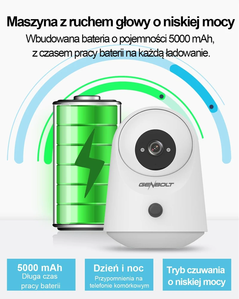 GENBOLT vidaus IP saugumo kamera su 2K raiška, Wi-Fi, 5000 mAh baterija, judesio aptikimu, GB108K