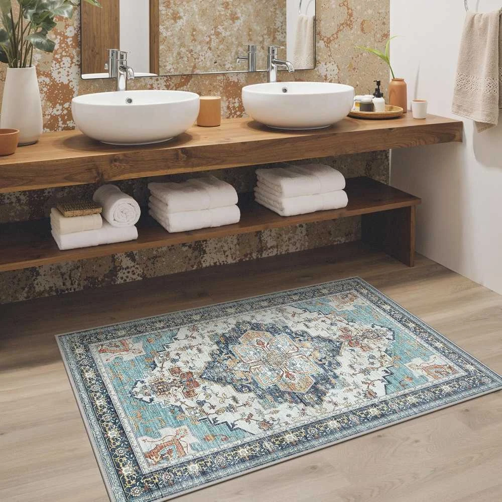 GENIMO kilimas boho stiliaus, plono pynimo, 80 × 150 cm, poliesterio, neslystantis, šviesiai mėlynas