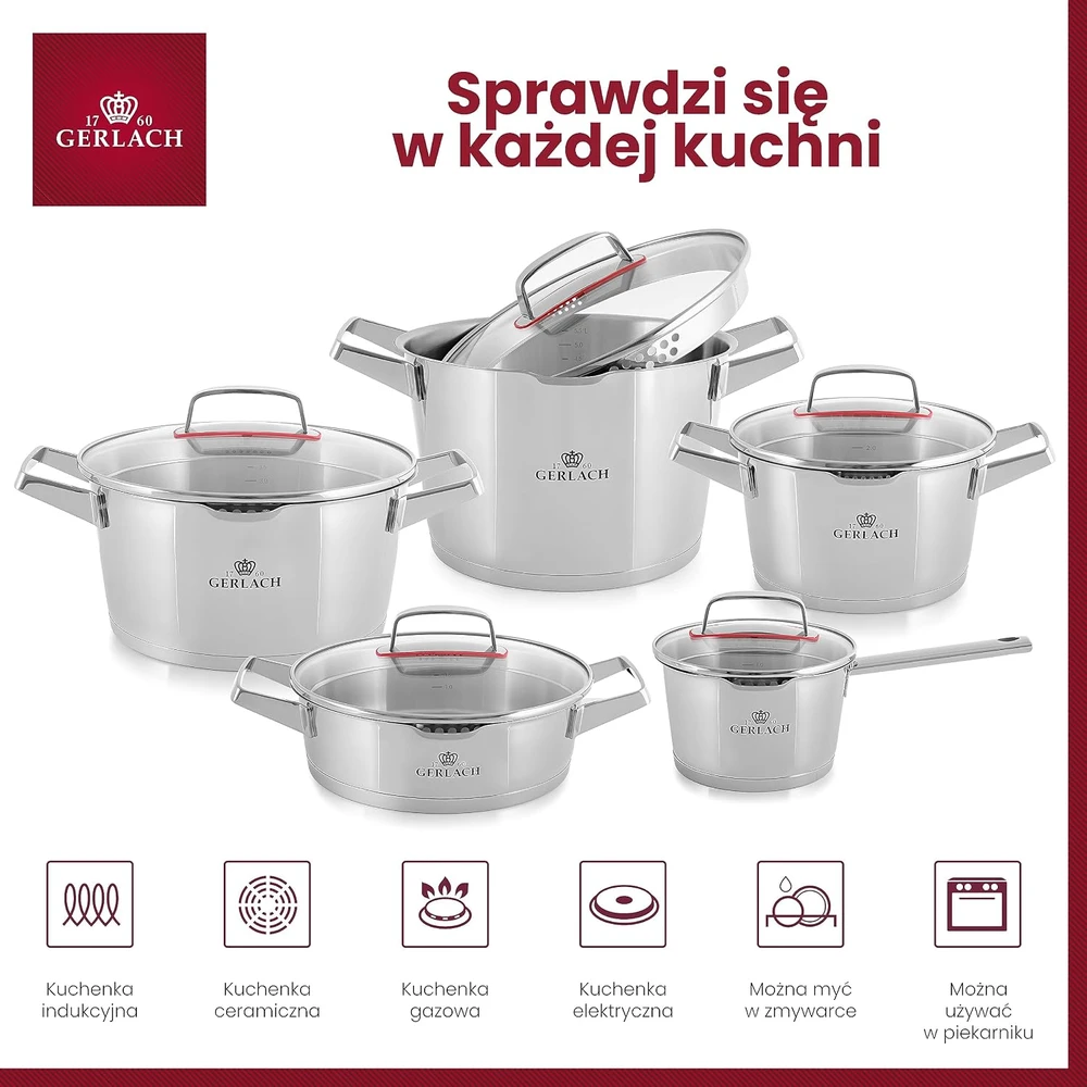 Gerlach puodų rinkinys iš nerūdijančiojo plieno, 5 puodai, trijų sluoksnių dugnas, NK319