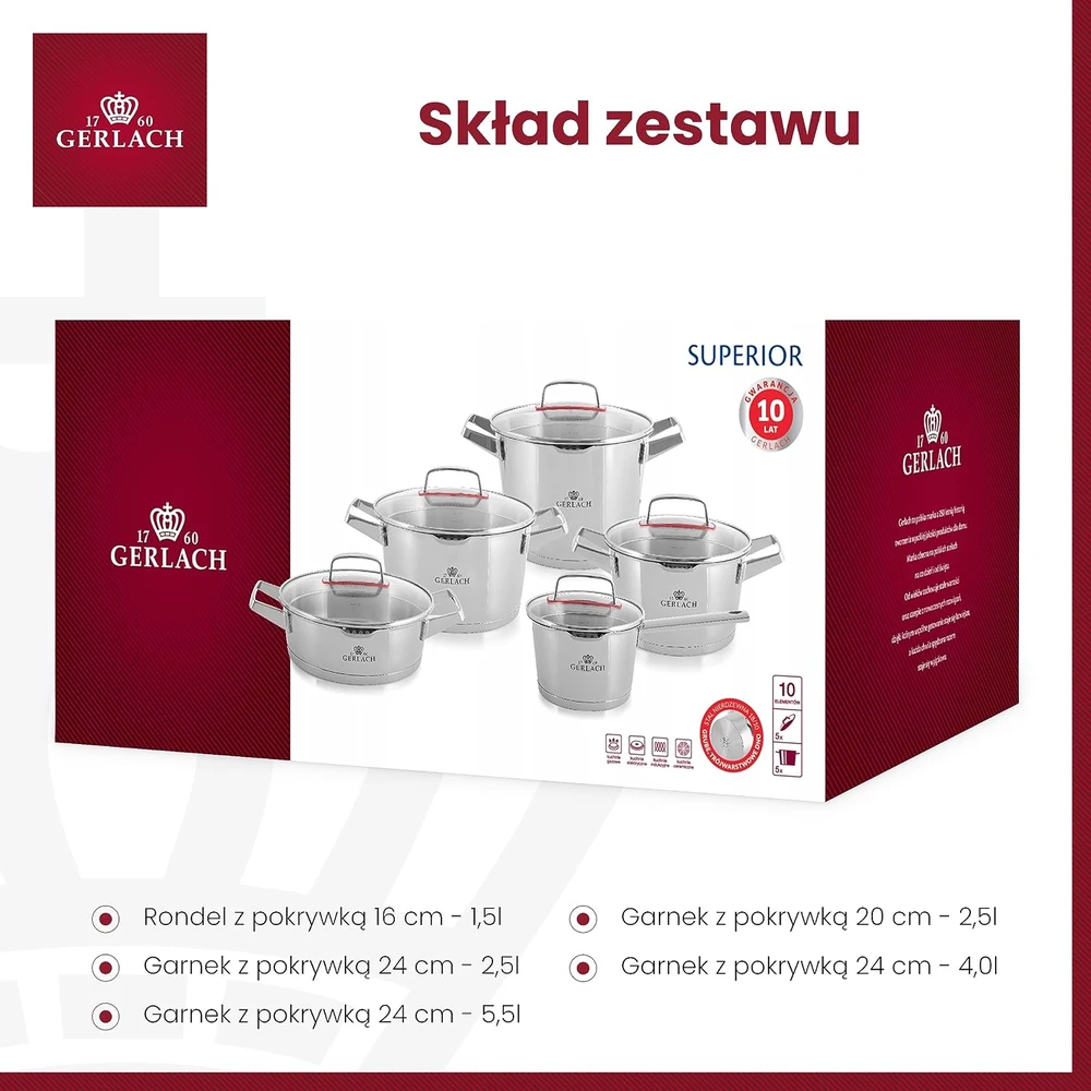 Gerlach puodų rinkinys iš nerūdijančiojo plieno, 5 puodai, trijų sluoksnių dugnas, NK319