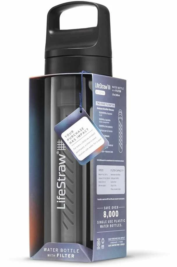 Gertuvė LifeStraw vandens butelis su filtru, 650 ml, pašalina bakterijas, mikroplastikus, Nordic Noir, LGV422GYWW