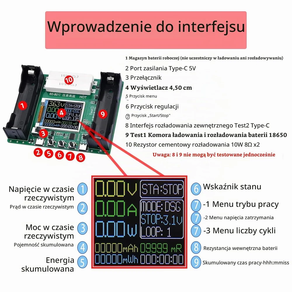 GERUI akumuliatorių talpos ir vidinės varžos testeris 18650 Li-Ion/NiMH USB-C