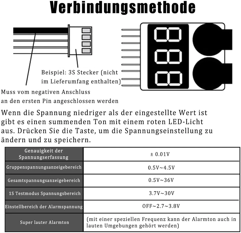 GERUI LiPo akumuliatorių įtampos testeris su žemos įtampos signalizatoriumi 1–8S BX100, 3 vnt.