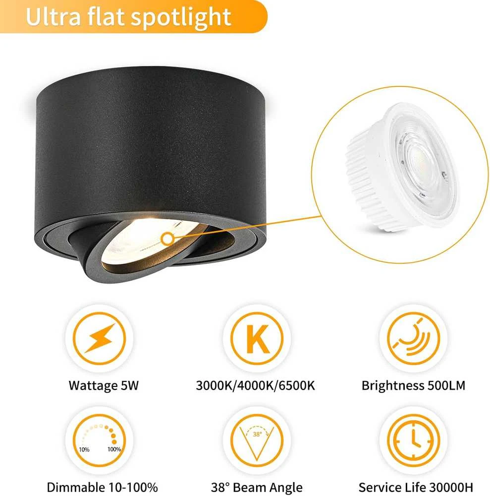 Lubinis šviestuvas GeyouLux LED lubinė šviestuvų rinkinys, 5 W, apvalūs, 3 spalvų temperatūros, juodi, 4 vnt.