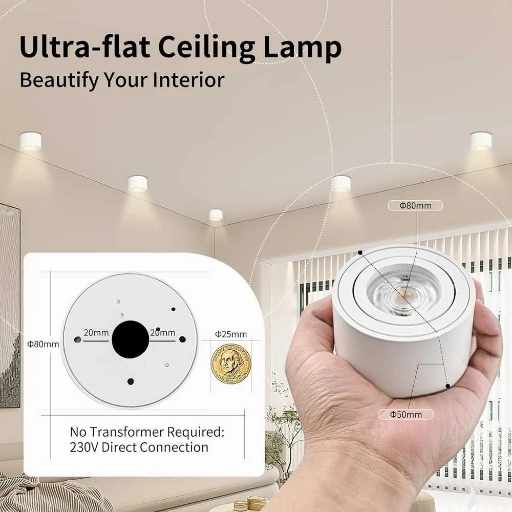 GeyouLux LED lubinis taškinis šviestuvas, 5 W, 500 lm, reguliuojamas 30°, Ø 80 × 50 mm, baltas