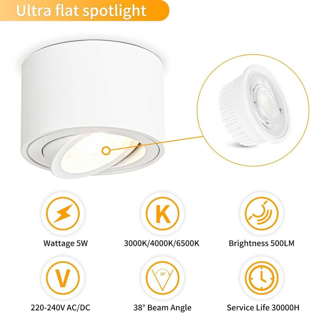 GeyouLux LED lubinis taškinis šviestuvas, 5 W, 500 lm, reguliuojamas 30°, Ø 80 × 50 mm, baltas