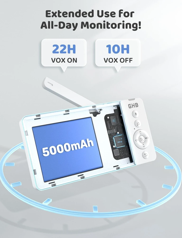 GHB elektroninė auklė su 5 colių 720P IPS ekranu, FHSS ryšiu ir VOX ABM809B