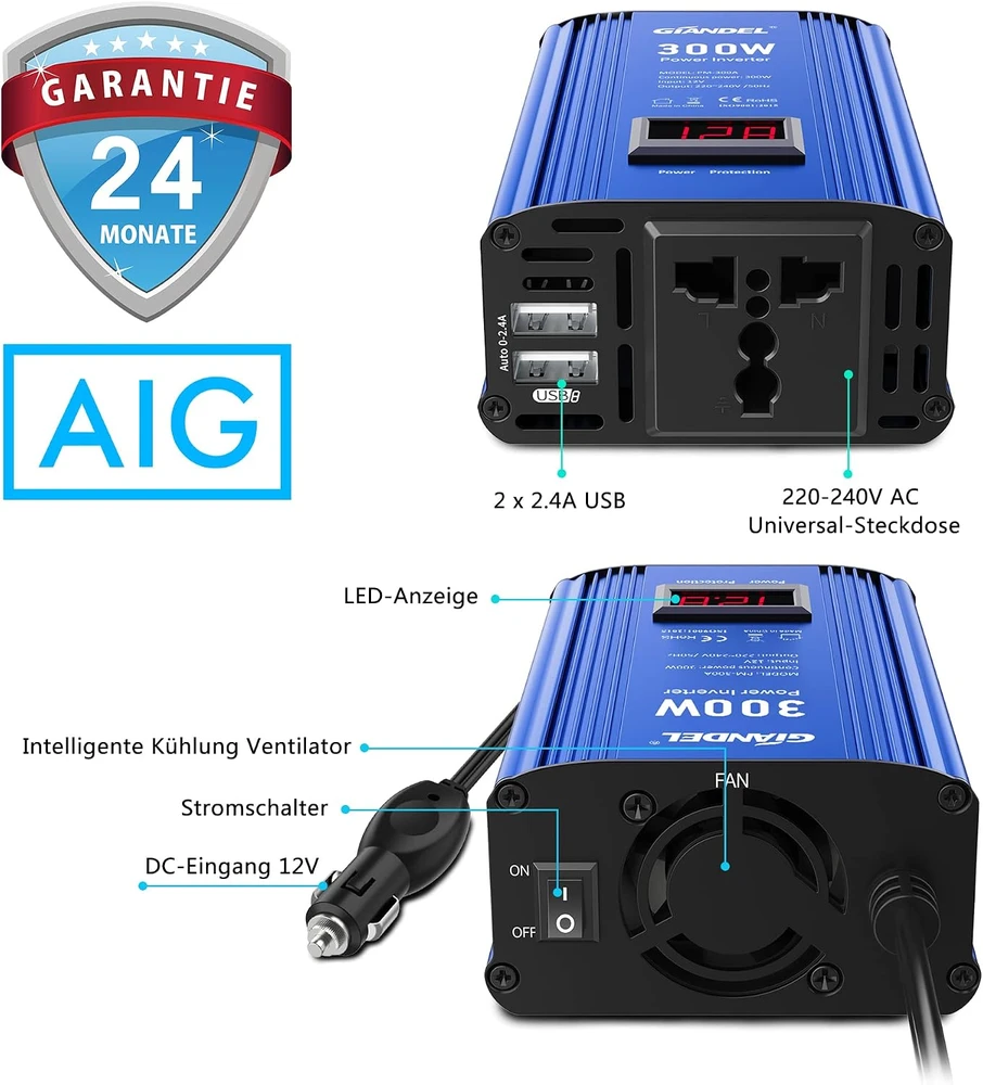 GIANDEL automobilinis įtampos keitiklis 300 W 12 V į 230 V PM-300A
