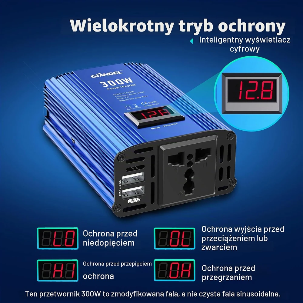 GIANDEL automobilinis įtampos keitiklis 300 W 12 V į 230 V PM-300A
