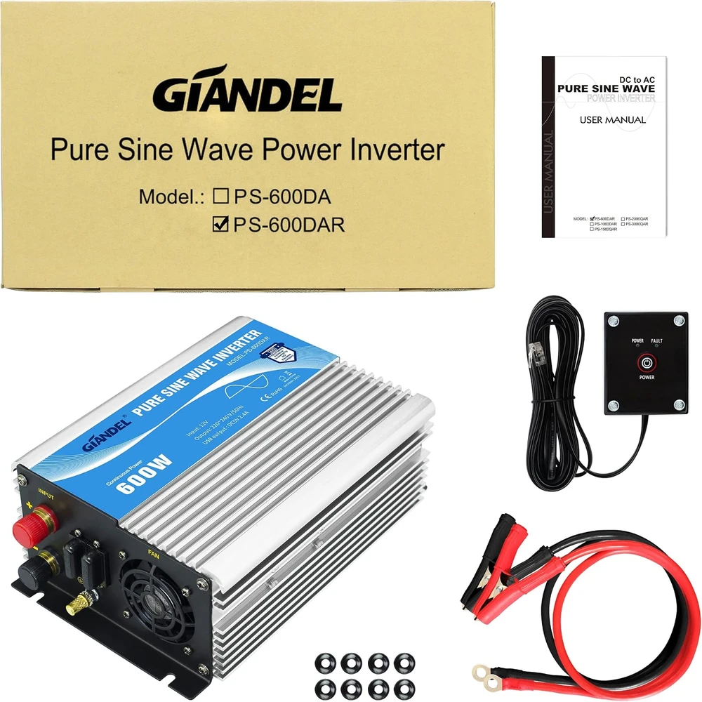 GIANDEL grynosios sinusoidės įtampos keitiklis 600 W, 12 V / 230 V, PS-600DARDe