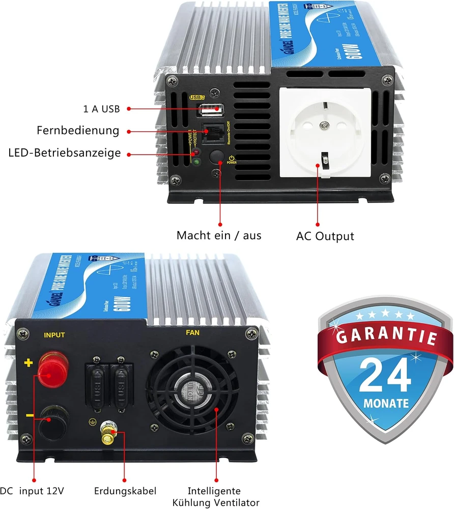 GIANDEL grynosios sinusoidės įtampos keitiklis 600 W, 12 V / 230 V, PS-600DARDe