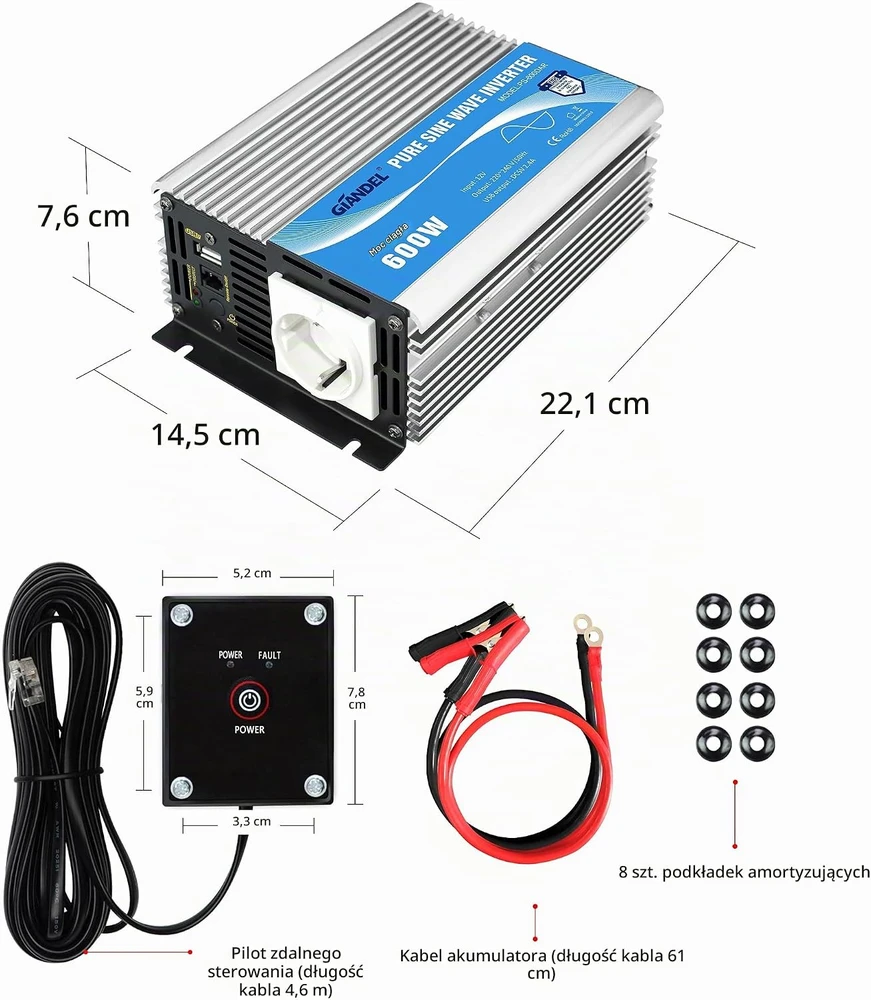 GIANDEL grynosios sinusoidės įtampos keitiklis 600 W, 12 V / 230 V, PS-600DARDe