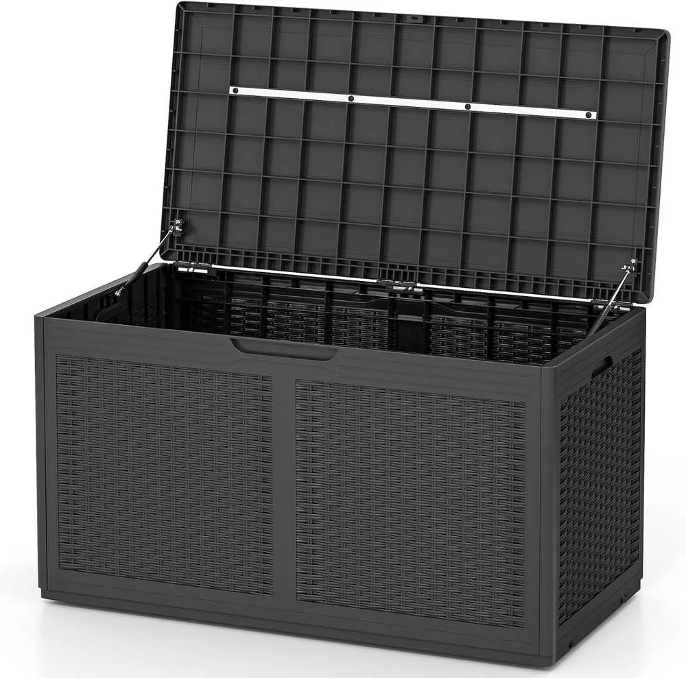 GIANTEX lauko daiktadėžė su dangčiu, ratukais, polipropileno, 380 l talpos, 111 × 56 × 61 cm, pilka