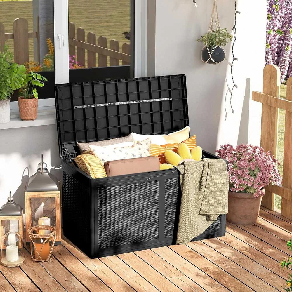 GIANTEX sodo dėžė 380 l, vandeniui atspari, su ratukais ir dangčiu, 111 × 56 × 61 cm, juoda