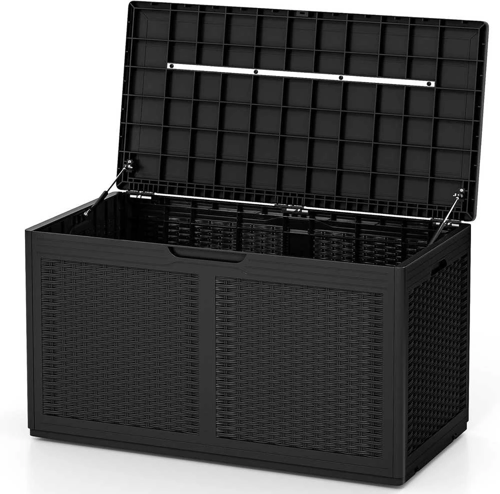 GIANTEX sodo dėžė 380 l, vandeniui atspari, su ratukais ir dangčiu, 111 × 56 × 61 cm, juoda