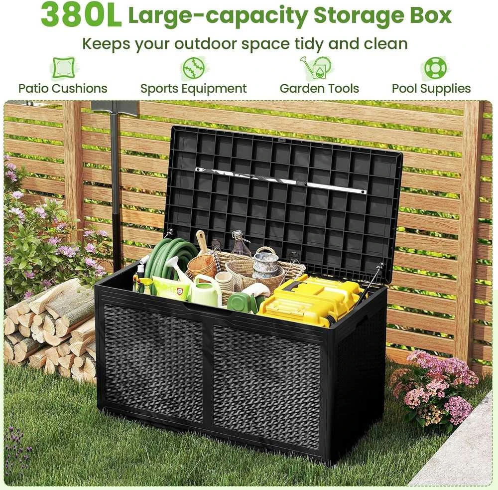 GIANTEX sodo dėžė 380 l, vandeniui atspari, su ratukais ir dangčiu, 111 × 56 × 61 cm, juoda