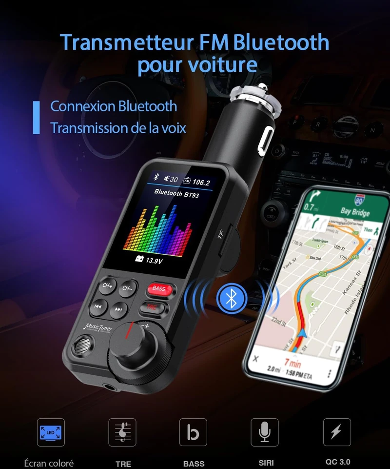 GizmoVine automobilinis Bluetooth FM siųstuvas su QC3.0, USB ir 4,5 cm ekranu Bluetooth FM Transmitter