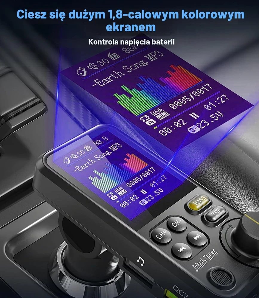 GizmoVine automobilinis Bluetooth FM siųstuvas su QC3.0, USB ir 4,5 cm ekranu Bluetooth FM Transmitter