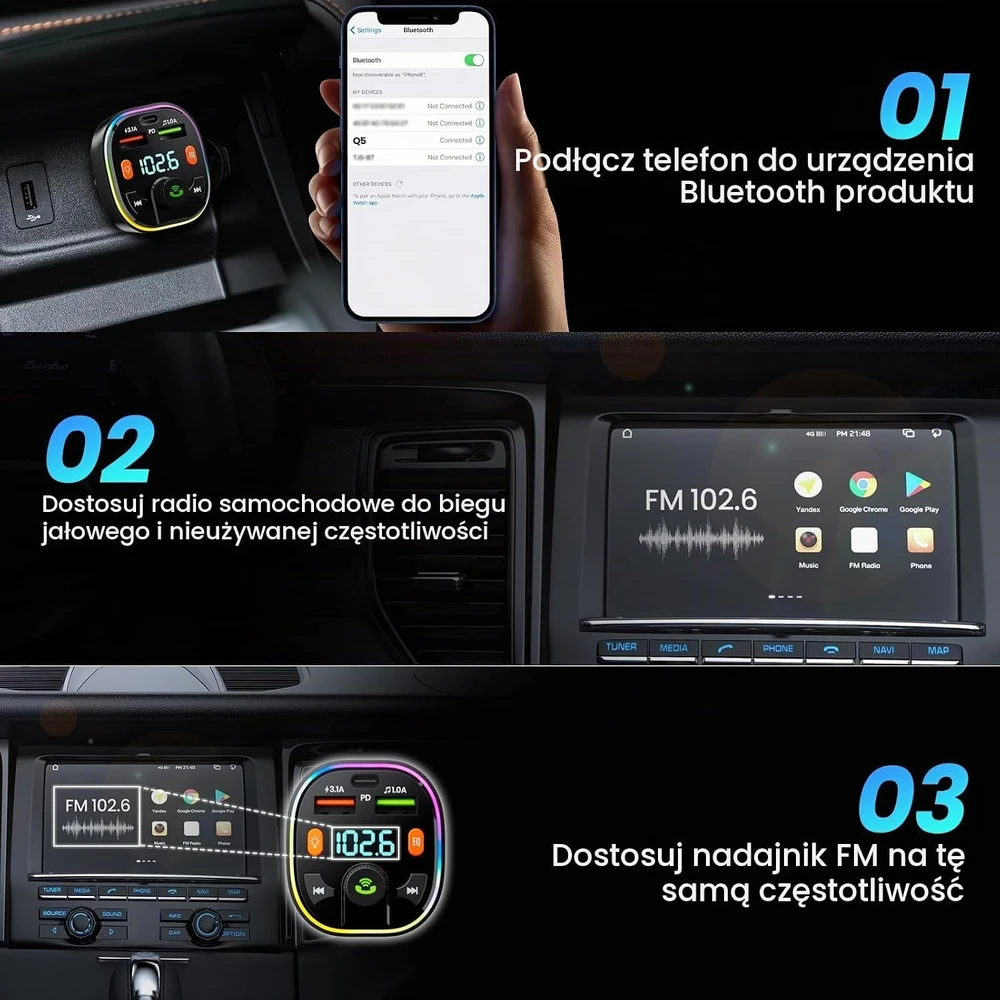 GlasFlength automobilinis Bluetooth FM siųstuvas su laisvų rankų įranga, USB-C PD 20 W