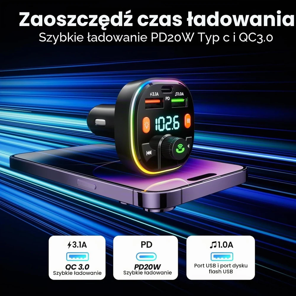 GlasFlength automobilinis Bluetooth FM siųstuvas su laisvų rankų įranga, USB-C PD 20 W