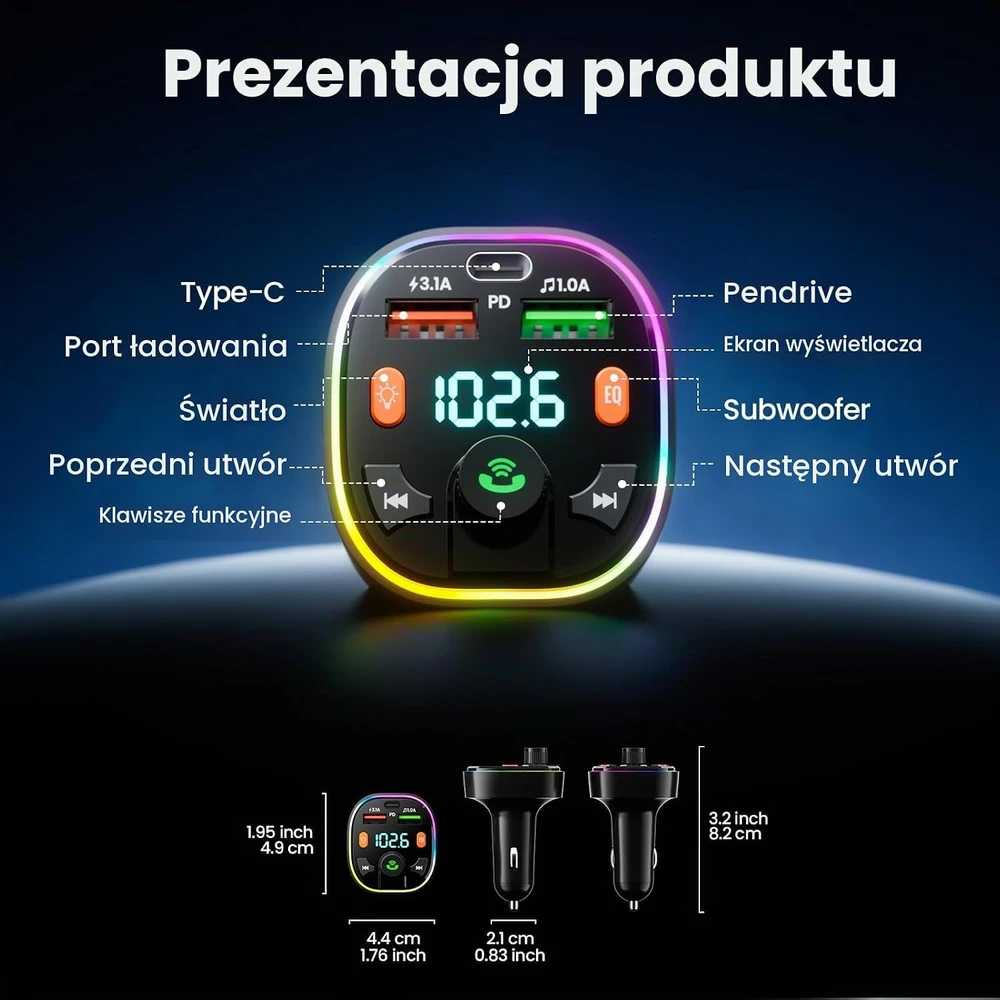 GlasFlength automobilinis Bluetooth FM siųstuvas su laisvų rankų įranga, USB-C PD 20 W