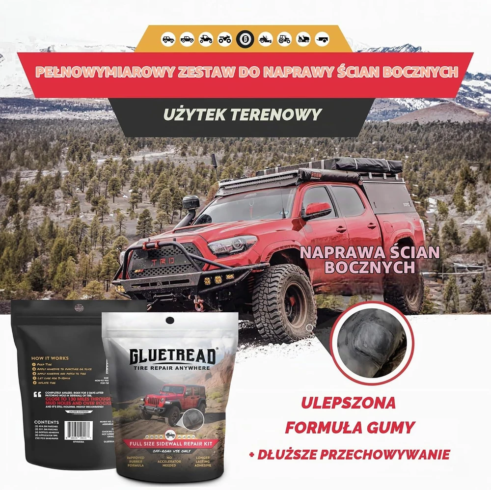 GlueTread padangų šoninių sienelių remonto rinkinys 4x4, 10 min., GTVA028A