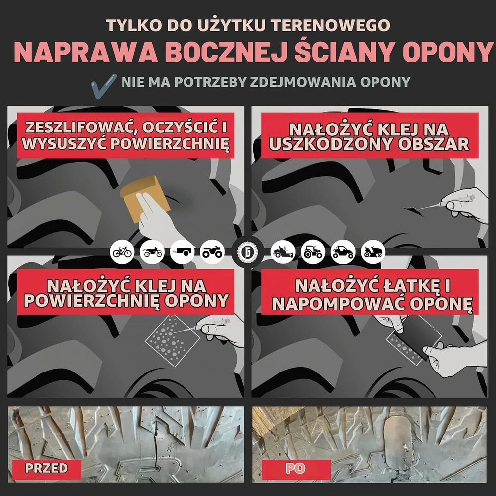 GlueTread padangų šoninių sienelių remonto rinkinys 4x4, 10 min., GTVA028A