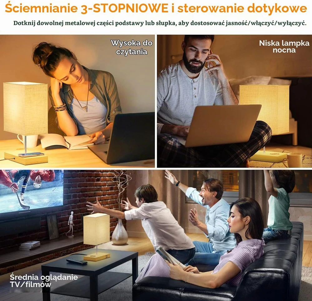 GLUROO stalinė naktinė lempa su belaidžiu įkrovimu, 2 USB jungtimis ir E27, modelis 01