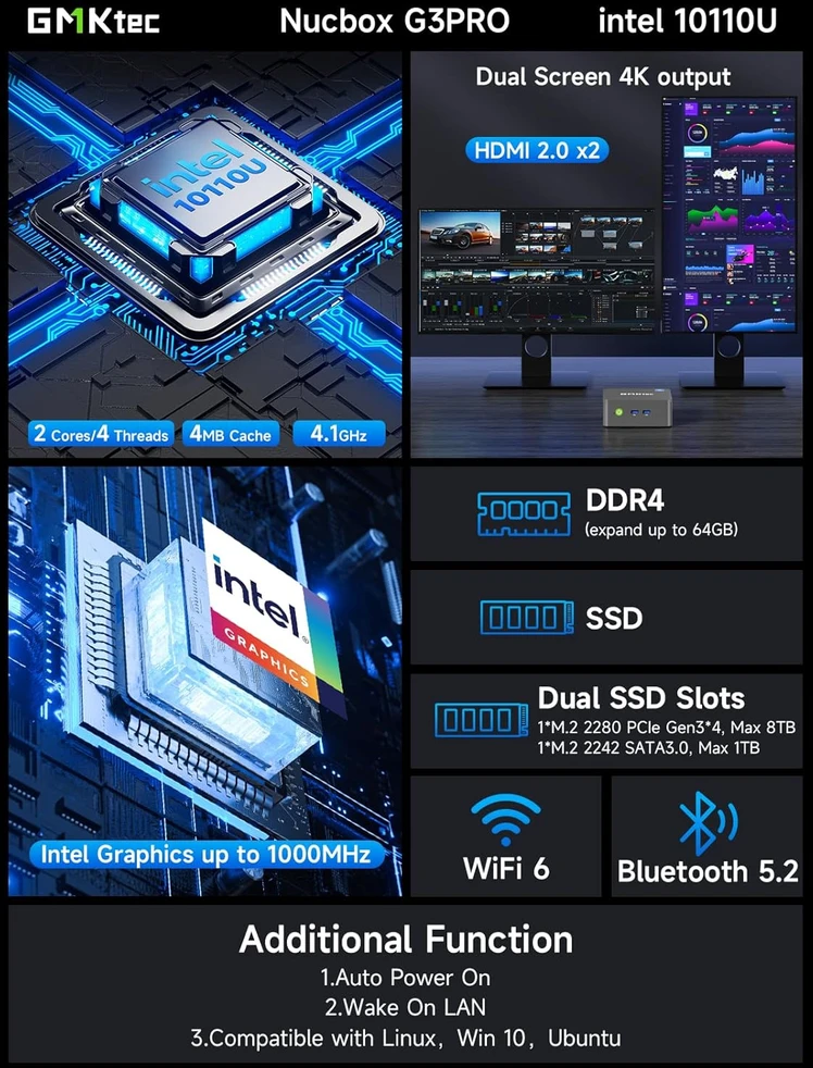 GMKtec mini kompiuteris Nucbox G3 PRO Intel Core i3-10110U, 16 GB RAM, 512 GB SSD