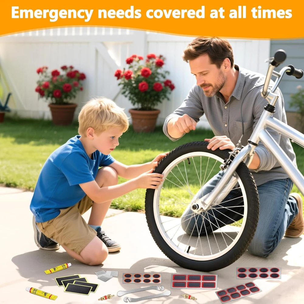 GMUFTIR dviračių padangų remonto rinkinys, 44 dalių, su lopais ir metalinėmis montavimo svirtimis WXX-zixingchebutaijiaotaozhuang