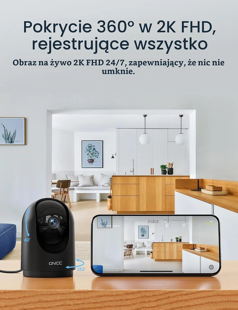 GNCC vidaus Wi-Fi stebėjimo kamera 2K, 3 MP, 360°, naktinis matymas, P5B