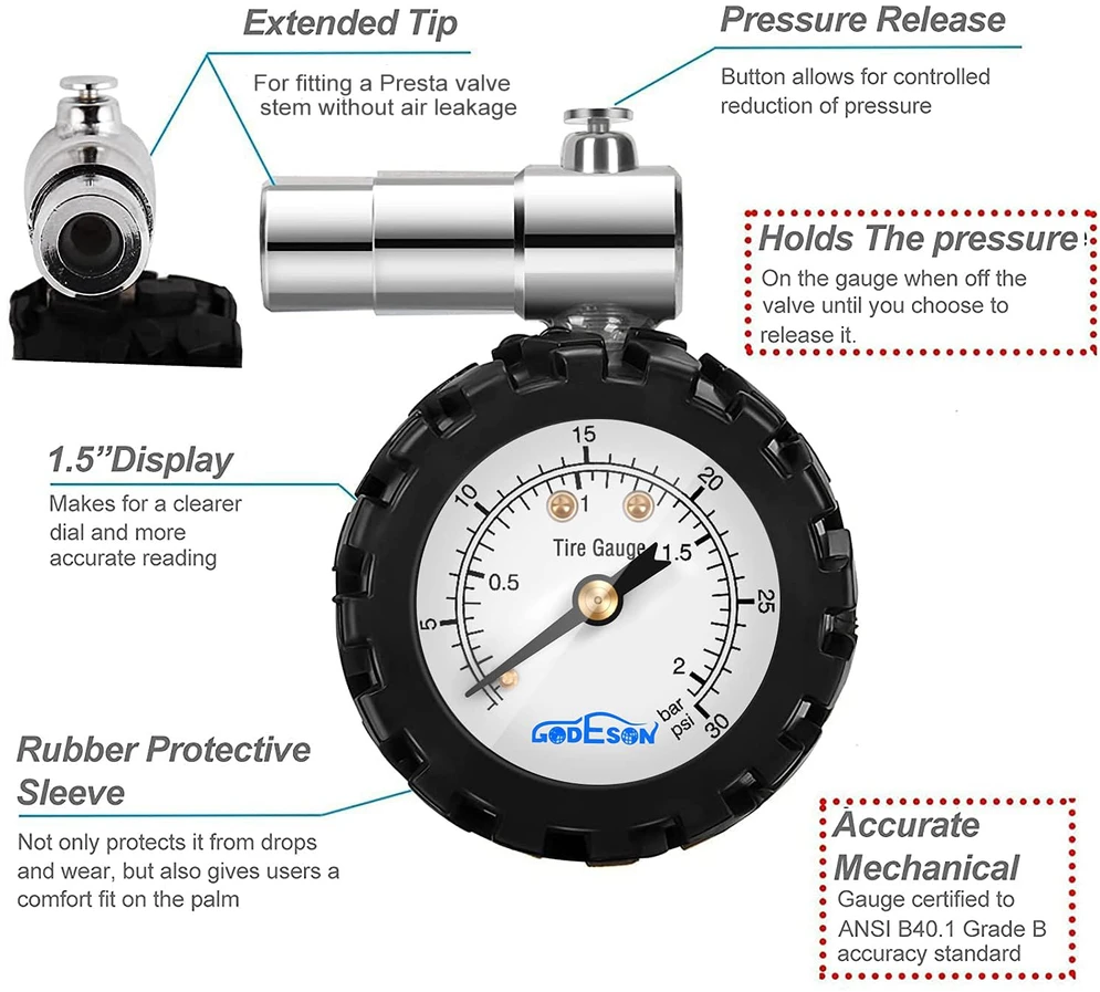 GODESON dviračio padangų slėgio matuoklis Presta vožtuvams 0–30 psi GD005B-30