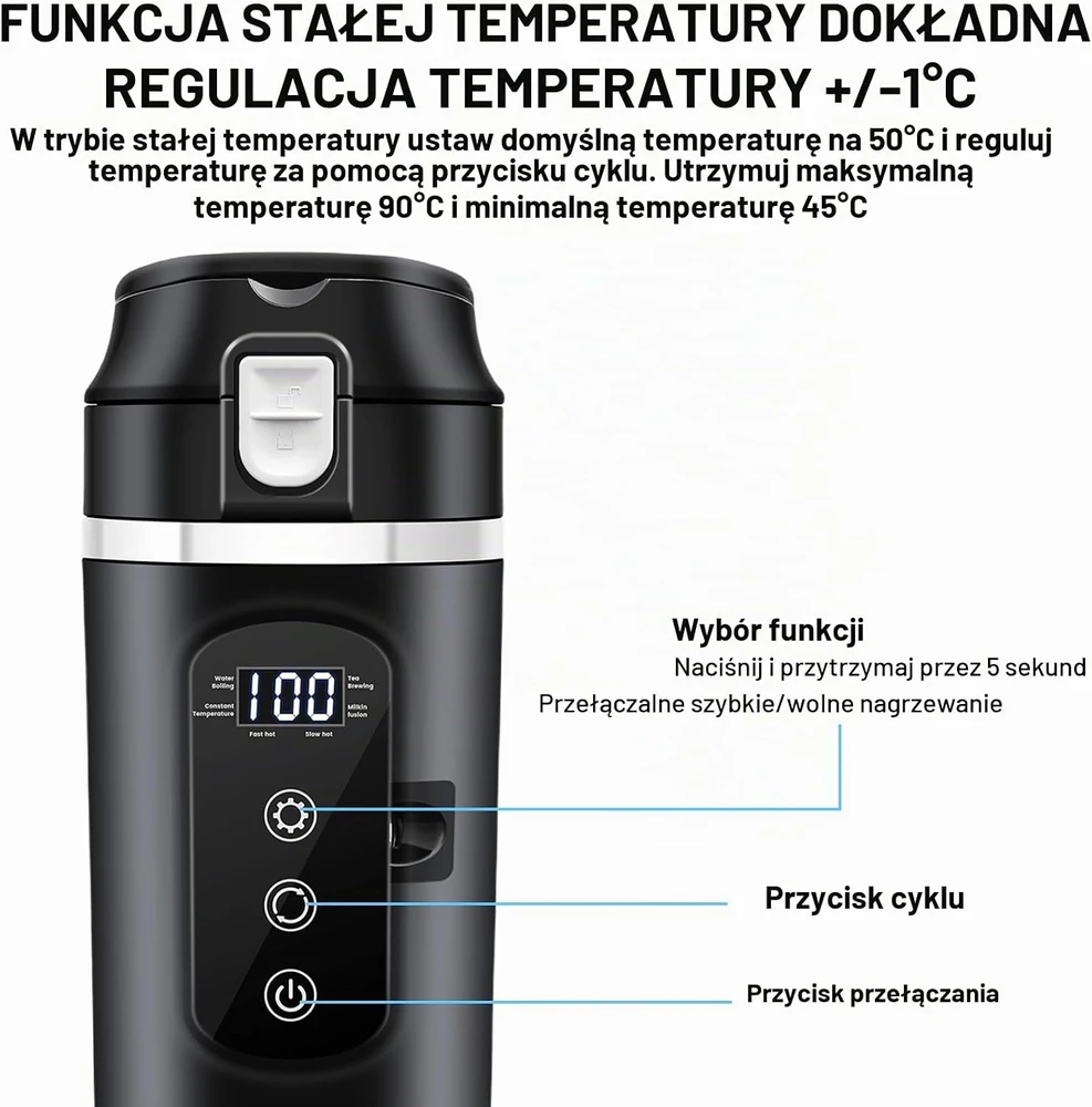 GOMETY automobilinis šildomas puodelis 500 ml 12/24 V su LCD ekranu HH158