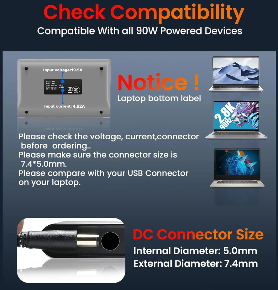 Goodovo nešiojamojo kompiuterio įkroviklis 90 W 19,5 V 4,62 A 7,4x5,0mm juodas, suderinamas su Dell Latitude, Vostro, Inspiron
