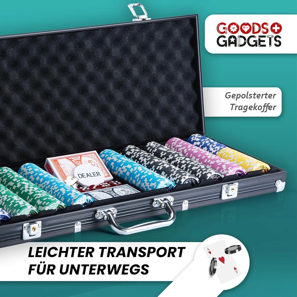 GOODS+GADGETS pokerio rinkinys su aliuminio lagaminu, 500 žetonų, kortos ir priedai, juodas