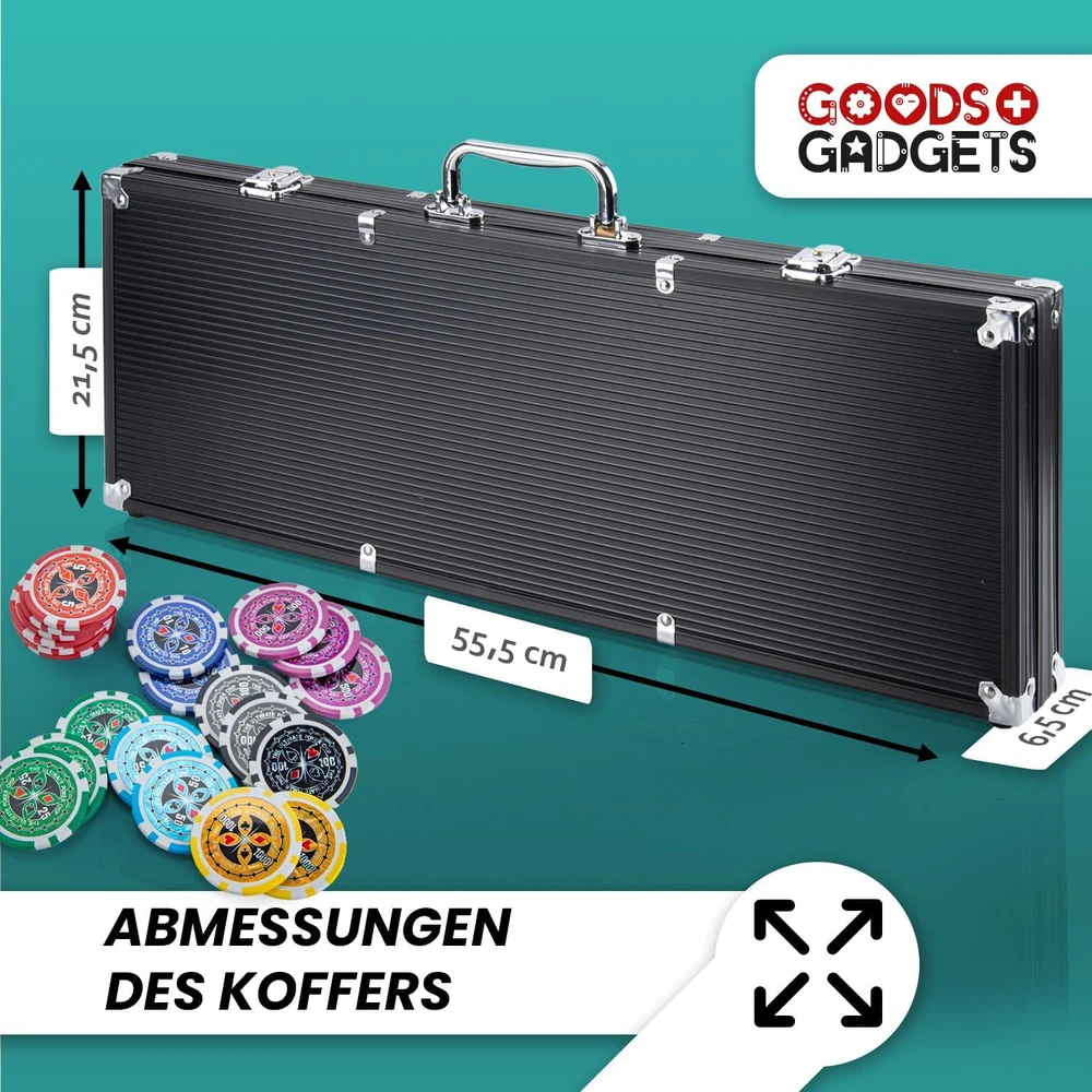 GOODS+GADGETS pokerio rinkinys su aliuminio lagaminu, 500 žetonų, kortos ir priedai, juodas