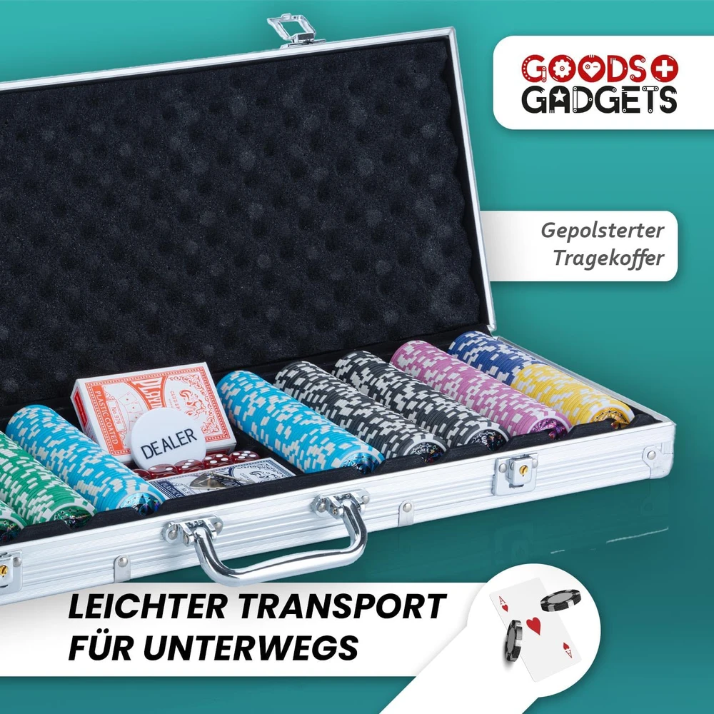GOODS+GADGETS pokerio rinkinys su aliuminio lagaminu, 500 žetonų, kortos, kauliukai, sidabrinis