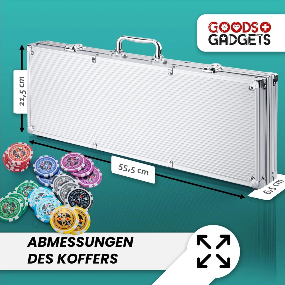 GOODS+GADGETS pokerio rinkinys su aliuminio lagaminu, 500 žetonų, kortos, kauliukai, sidabrinis