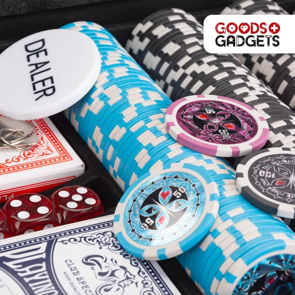 GOODS+GADGETS pokerio rinkinys su aliuminio lagaminu, 500 žetonų, kortos ir priedai, juodas