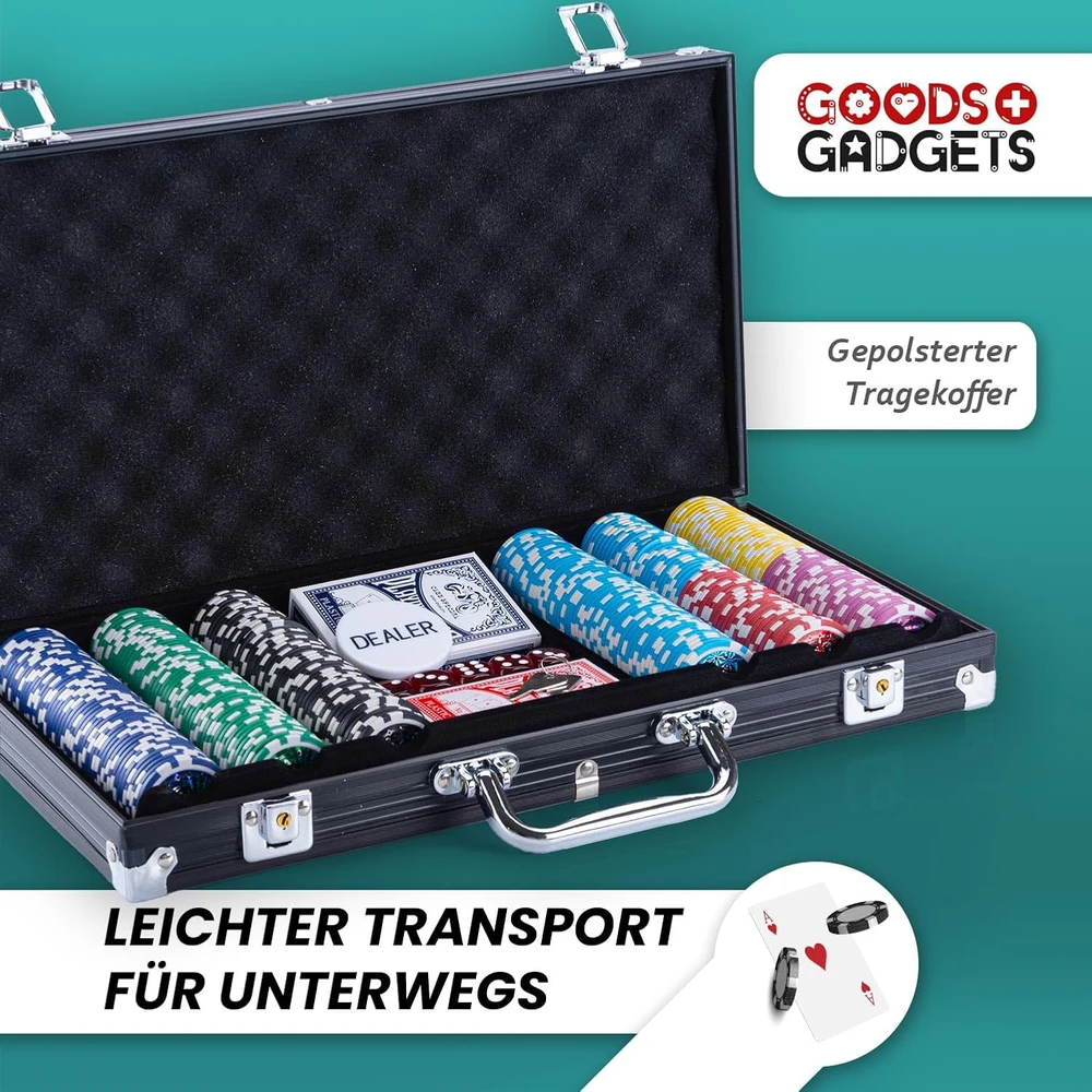 GOODS+GADGETS pokerio rinkinys su lagaminu, 300 žetonų, komplektas su kortomis, kauliukais ir krupjė mygtuku, juodas