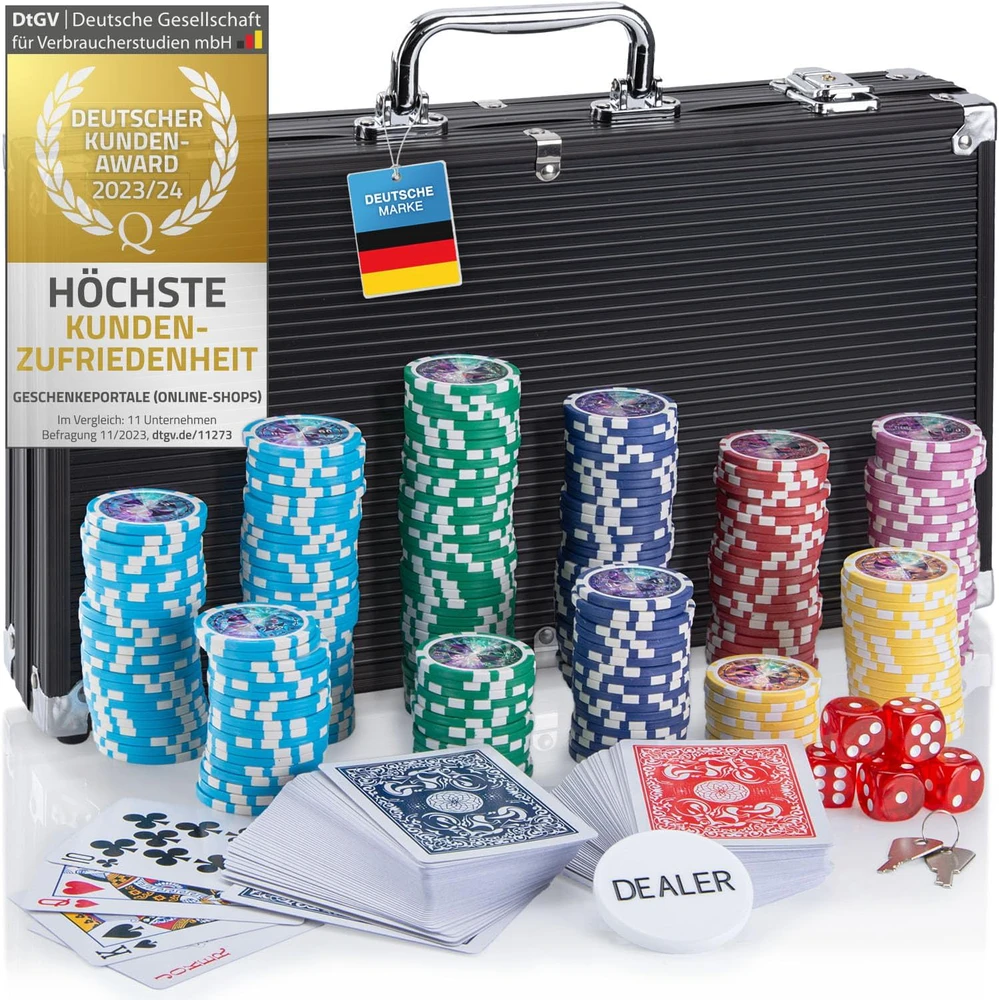 GOODS+GADGETS pokerio rinkinys su lagaminu, 300 žetonų, komplektas su kortomis, kauliukais ir krupjė mygtuku, juodas