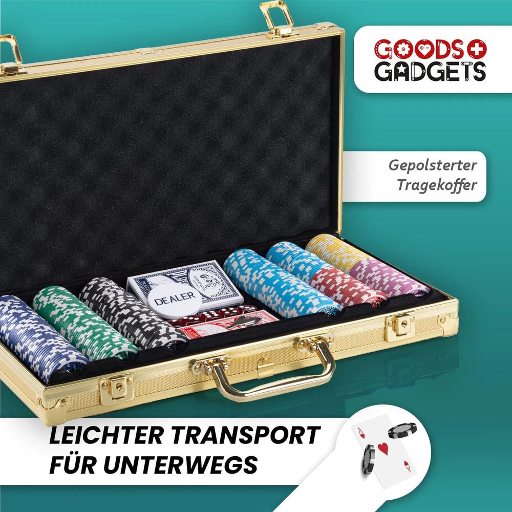 GOODS+GADGETS profesionalus pokerio žetonų rinkinys su aliuminio lagaminu, 300 žetonų, auksinis