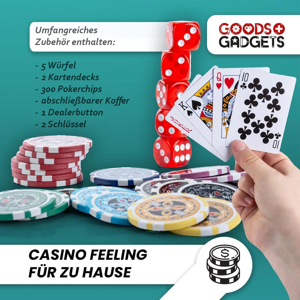 GOODS+GADGETS profesionalus pokerio žetonų rinkinys su aliuminio lagaminu, 300 žetonų, auksinis